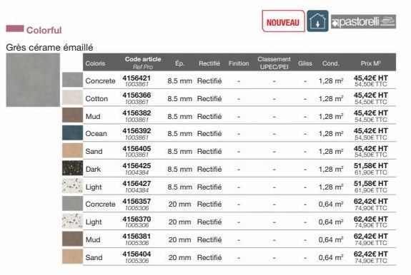 Colorful  Grès cérame émaillé  Coloris  Concrete 4156421  1003861  Cotton  Mud  Ocean  Sand  Dark  Light  Concrete 4156357  1005306  Light  Mud  Sand  Code article Ref Pro  4156366  1003861  4156382 1