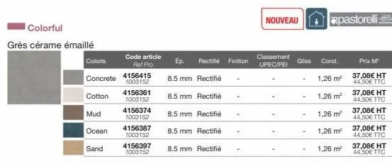 colorful  grès cérame émaillé  coloris  concrete 4156415  1003152  cotton  mud  ocean  sand  code article ref pro  4156361 1003152  4156374  1003152  4156387 1003152  4156397 1003152  8.5 mm rectifié 