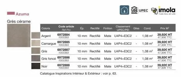 azuma  grès cérame  coloris  argent  camargue  code article ref pro  6972884 1003393  6972885 1003393  6972887 1003393  qb upec  gliss cond.  1,08 m²  1,08 m²  1,08 m²  1,08 m²  1,08 m²  imola  tile  