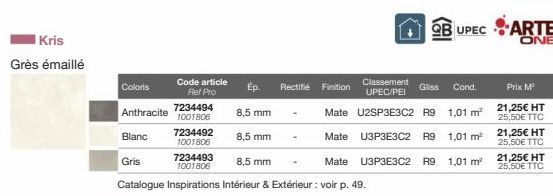 Kris  Grès émaillé  Coloris  Anthracite  Blanc  7234494 1001806  Code article Ref Pro  7234492  1001806  Ép.  8,5 mm  Rectifié Finition  Classement UPEC/PEI  Gliss Cond.  Prix M²  Mate U2SP3E3C2 R9 1,