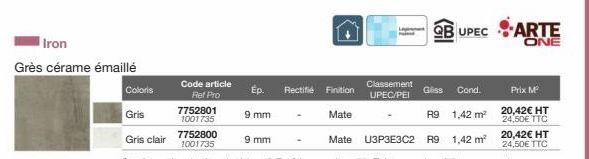 Iron  Grès cérame émaillé  Code article Ref Pro  7752801 1001735  Ep.  9 mm  Rectifié Finition  Classement UPEC/PEI  QB UPEC  ARTE  ONE  