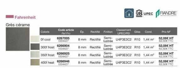 Fahrenheit  Grès cérame  Coloris  Of cool  300f frost  350f frost  400f heat 6266946  1004427  Code article Ref Pro  6267005 1004427  6266904 1004427  6266925  1004427  Ep.  Classement UPEC/PEI  8 mm 