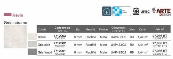 Kevin  Grès cérame  Coloris  Blanc  Gris clair  Gris foncé  Code article Ref Pro  7712003 1002302  7712002 1002302  7712001 1002302  Ép. Rectifié Finition  Gliss Cond.  Prix M²  9 mm  Rectifié Mate  U