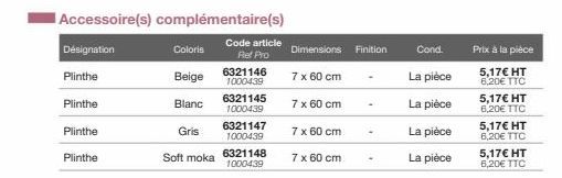 Désignation  Plinthe  Plinthe  Plinthe  Plinthe  Accessoire(s) complémentaire(s)  Code article Ref Pro  Coloris  Soft moka  Beige  Blanc  Gris  6321146 1000439  6321145  1000439  6321147 1000439 63211