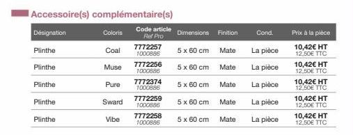 Plinthe  Accessoire(s) complémentaire(s)  Désignation  Code article Ref Pro  Plinthe  Plinthe  Plinthe  Plinthe  Coloris  Coal  Muse  Pure  Sward  Vibe  7772257 1000886  7772256 1000886  7772374 10008
