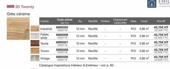 I 20 Twenty  Grès cérame  Coloris  Industrial  Pallets white  Tavola  6895505 1003718  Code article Ref Pro  6895509  1003718  6895507  1003718  6895508 1003718  6895506 1003718  10 mm  10 mm  10 mm  