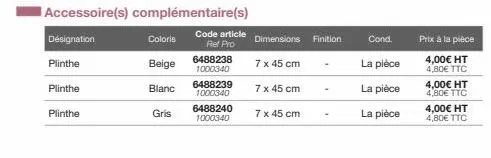 désignation  plinthe  plinthe  plinthe  coloris  beige  blanc  gris  code article ret pro  6488238 1000340  6488239 1000340  6488240 1000340  dimensions  7 x 45 cm  7 x 45 cm  7 x 45 cm  finition  con