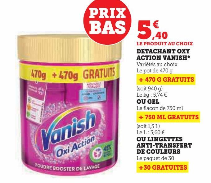 détachant oxy action Vanish ou gel ou lingettes anti-transfert de couleurs