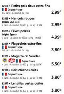 82936 Petits pois doux extra-fins  Origin France  67 pats-Le sacht de 10  82525 Haricots rouges  Origine USA C  4 para-Le sac  600-00:438€  83065. Fèves pelées  Origine Egypte  3 parts-Lac  450g-Lokg: