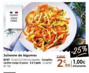 légres france  julienne de légumes 33187 ace 2 a 5 et à la casse-courgettes carottes orange et jaunes 6 à 7 parts le sachet de 1kg  -25%  2006  29991  € 1,00€ 