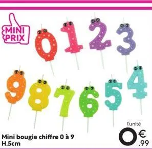 mini prix  0123 981651  mini bougie chiffre 0 à 9 h.5cm  l'unité  .99 