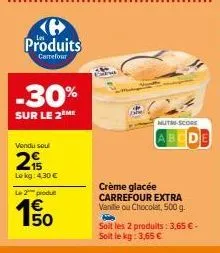 e produits  carrefour  -30%  sur le 2ème  vendu soul  2  lekg: 4,30 €  le 2 produ  150  1€  nutri-score  crème glacée carrefour extra vanille ou chocolat, 500 g. 