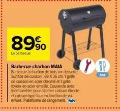 89%  le barbecue  barbecue charbon maia barbecue à charbon de bois sur desserte surface de cuisson: 69 x 36 cm. 1 grille de cuisson en acier chromé et 1 grille toyère en acier émailé. couvercle avec t