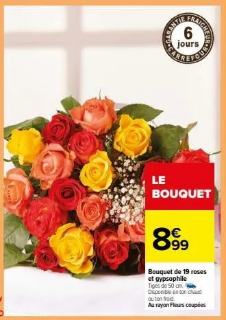 eller  fraich  heur hao  le bouquet  899  €  bouquet de 19 roses et gypsophile  tiges de 50 cm. disponible en ton chaud ou ton froid.  au rayon fleurs coupées 