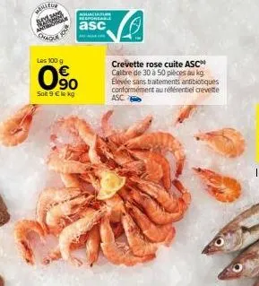 wenty  sh  aquaculture responsable  asc  les 100 g  0⁹0  soit 9 € le kg  crevette rose cuite asc calibre de 30 à 50 pièces au kg élevée sans traitements antibiotiques conformément au référentiel creve