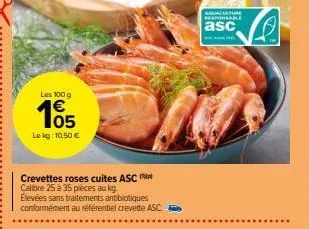 les 100 g  105  le kg: 10,50 €  crevettes roses cuites asc calibre 25 à 35 pièces au kg. élevées sans traitements antibiotiques conformément au référentiel crevette asc  rouaculture responsable  asc 