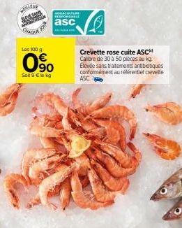 WENTY  SH  AQUACULTURE RESPONSABLE  asc  Les 100 g  0⁹0  Soit 9 € le kg  Crevette rose cuite ASC Calibre de 30 à 50 pièces au kg Élevée sans traitements antibiotiques conformément au référentiel creve