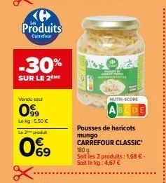 produits  carrefour  -30%  sur le 2 me  vendu seul  0999  lokg: 5,50 €  le 2 produt  0%9  ab  nutri-score  bode  pousses de haricots mungo carrefour classic 180 g soit les 2 produits: 1,68 € - soit le