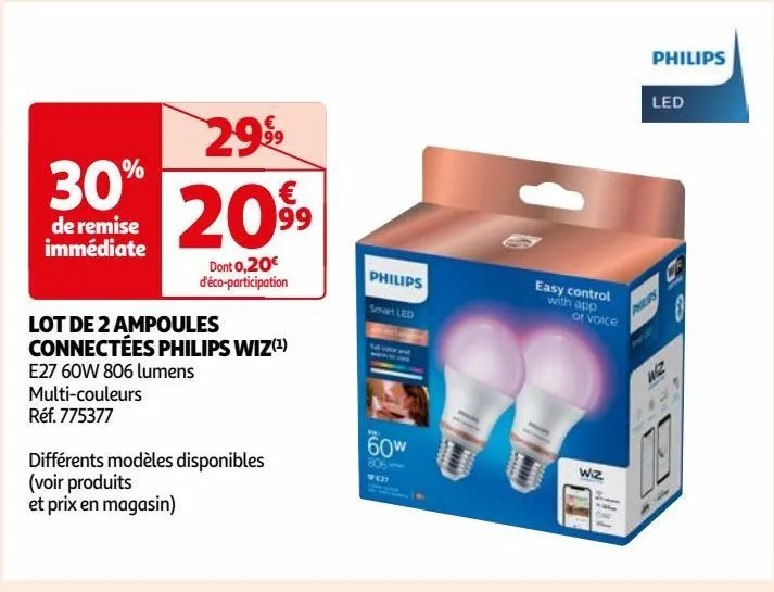 lot de 2 ampoules connectées philips wiz