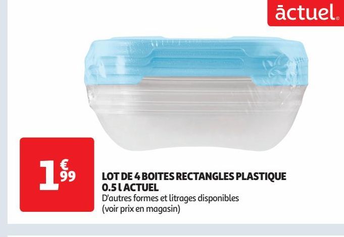 LOT DE 4 BOITES RECTANGLES PLASTIQUE 0.5 l ACTUEL