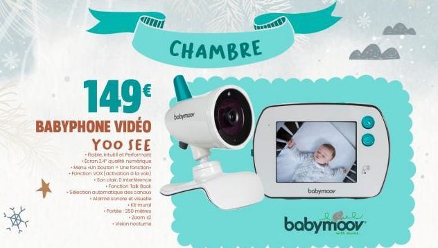 149€  BABYPHONE VIDÉO YOO SEE  -Fable, intuitif et Performant -Ecran 24" qualite numerique Manu Un bouton = Une fonction -Fonction VOX (activation à la voix) Son clair, 0 intertirance Fonction Talk Ba