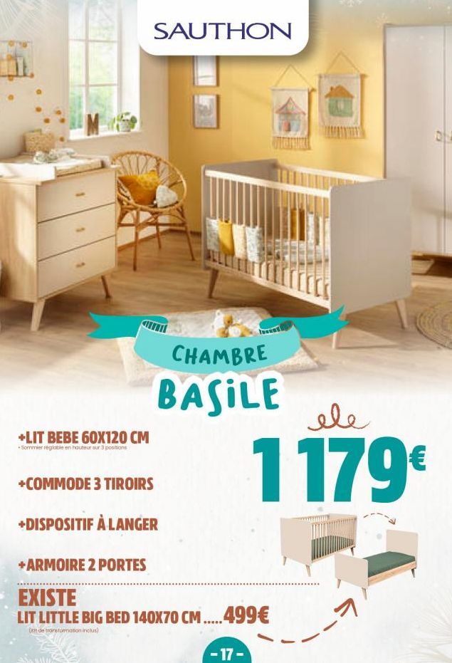 +LIT BEBE 60X120 CM  *Sommier réglable en hauteur sur 3 positions  SAUTHON  SPED  +COMMODE 3 TIROIRS  +DISPOSITIF À LANGER  CHAMBRE  BASILE  +ARMOIRE 2 PORTES  EXISTE  LIT LITTLE BIG BED 140X70 CM ...