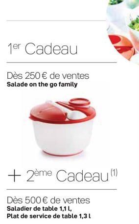1er Cadeau  Dès 250 € de ventes Salade on the go family  +2ème Cadeau (1)  Dès 500 € de ventes Saladier de table 1,1 l, Plat de service de table 1,3 l 
