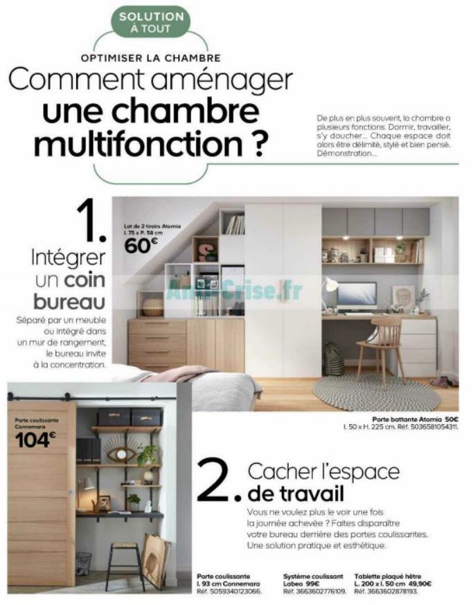 Porte coulissante Connemara  104€  Comment aménager une chambre multifonction ?  1.  Intégrer un coin bureau  Séparé par un meuble ou intégré dans un mur de rangement,  le bureau invite à la concentra