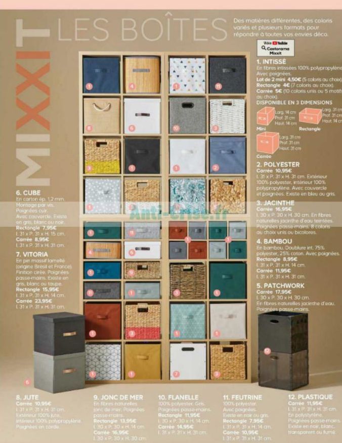 TLES LES BOÎTES  MIXXIT  6. CUBE  En carton ép. 12 mm. Montage par vis. Poignées cuir  Avec couvercle, Existo on gris blanc ou noir Rectangle 7,95€ 1.31xP. 31 x H 15 cm. Corrée 8,95€  131xP. 31xH 31 c