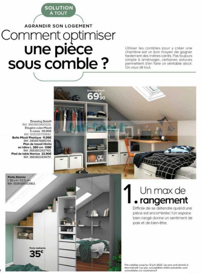 SOLUTION À TOUT  AGRANDIR SON LOGEMENT  Comment optimiser une pièce sous comble?  Dressing Satelit Ret 3663602800026 Etagere cube Mixxxit 3 cases 39,90€ Ref. 5052931155842. Boite Mixxit Plastique 11,9