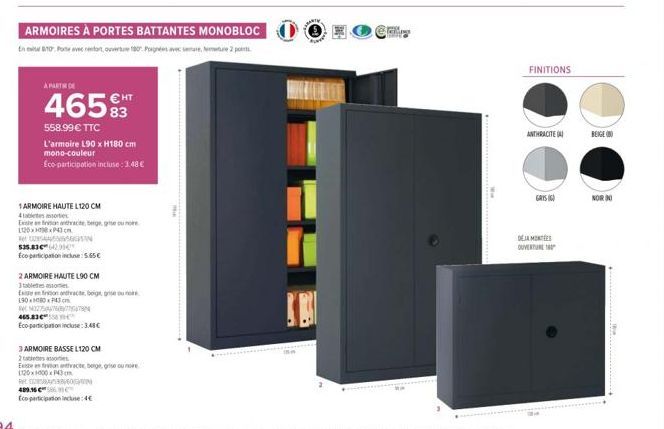 ARMOIRES À PORTES BATTANTES MONOBLOC  En 810 Porteve retrouverture 180 Porgées avec semure, p  A PARTIR DE  46583  558.99 € TTC  L'armoire L90 x H180 cm  mono-couleur  Eco-participation incluse: 3.48€