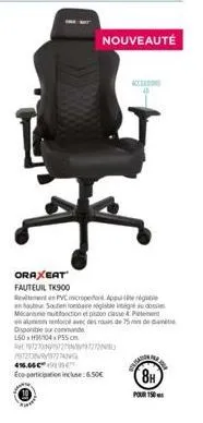 oraxeat fauteuil tk900  nouveauté  pvcroper apple son obaire réglable intéged dos  mecanisme mutfonction et pon classe & patent avec des roues de 75 mm de dan  disponible sur commande  150 h/04p55cm. 