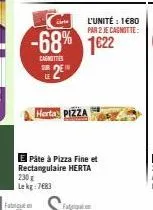 te  l'unité : 1€80 par 2 je cagnotte:  -68% 1622  cagittes sur de le  herta: pizza  pâte à pizza fine et rectangulaire herta 230 g lekg: 7483 