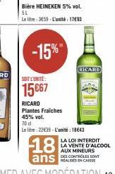 Bière HEINEKEN 5% vol. 5L Le litre-3659-L'unité: 17693  -15%  SOIT L'UNITÉ:  15€67  RICARD  RICARD  Plantes Fraiches  45% vol.  70cl  Le litre: 22€39-L'unité: 18643 