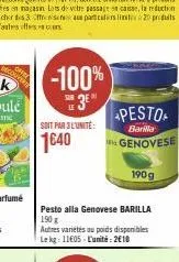 le  -100%  3  soit par 3l'unité:  1640  pesto alla genovese barilla 190 g  autres variétés au poids disponibles le kg: 11605 l'unité: 2€10  *pesto  barilla  genovese  190g 