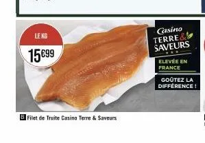 le kg  15€99  b filet de truite casino terre & saveurs  casino terre&  saveurs  elevée en france  goûtez la différence! 