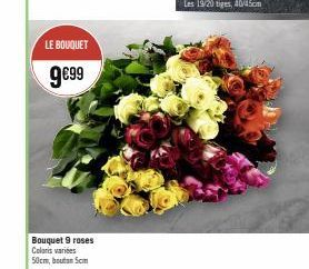 LE BOUQUET  9€99  Bouquet 9 roses Coloris variées 50cm, bouton 5cm 