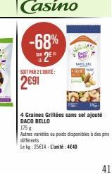 -68%  2⁰  SIER LE  SOIT PAR 2 L'UNITÉ:  2691  Dag  CAME TOWN  4 Graines Grillées sans sel ajouté DACO BELLO  175 g  Autres variétés ou poids disponibles à des prix differents  Le kg 25E14 L'unité:4€40