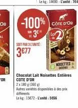 soit par 3 l'unité:  3€77  côte d'or  -lait  noisettes  d  chocolat lait noisettes entières cote d'or  2x 180 g (360g)  autres variétés disponibles à des prix différents  lekg: 15€72-l'unité: 5666 