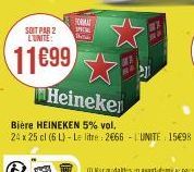 SOIT PAR 2 L'UNITE:  11699  FORMAT  SPEC The  Heineker  Bière HEINEKEN 5% vol.  24 x 25 cl (6 L)-Le litre: 2666 UNITE: 15€98 