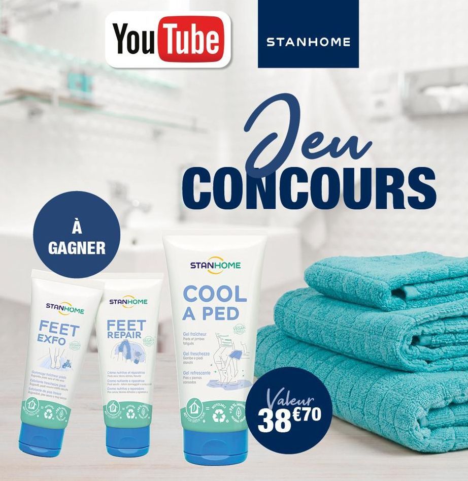 À GAGNER  VIS  STANHOME  FEET  EXFO  Gommage bucheur e  of  Estante beschera pied  Round  Exfoliante de press  VIGAN  STANHOME  You Tube  FEET REPAIR  Cmendive ef  P  Demonteer  Ceny do  P  STANHOME  