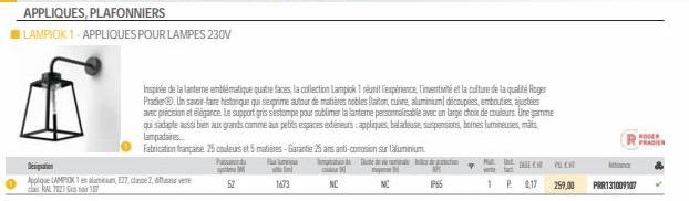 Deniguation  Applique LAMPIOK1 elamin, E27, classe 2, Gases vere RAL 7023107  Inspirée de la lanterne emblématique quatre faces, la collection Lampiok 1 réunit l'expérience, inventivité et la culture 