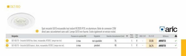 DLT-ISO  Desipation  0-5075-Entré GUTD five blanc recourable Tec ●-5075-E GUTS basculanc, recable Tp  Spot encastré GUT recourable tout isolant RE2020 IP20, en aluminium Boite de connexion 230V direct