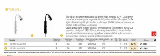 ●  tube wall  tube wall bla usb irce  tube wall leb r  ↑  ped  8  8  360  m  50000 190010 50000 190010  ip20  tube wall est une lampe murale élégante avec dimmer intégré et chargeur usb a+c. elle conv