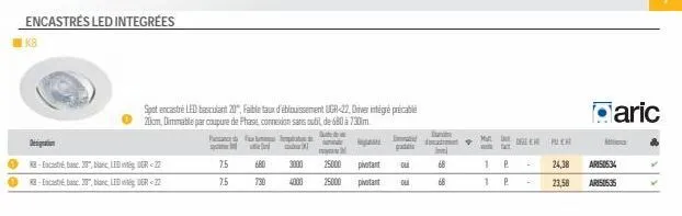 encastrés led integrees  k8  -escaba 20, blanc, led intég ugr-22  -leder 22  spot encastré led basculant 20", faible taux d'éblouissement ugr-22, driver intégré précablé 20cm, dimmable par coupure de 