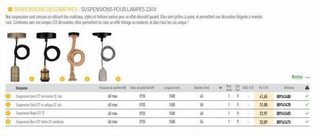 Despation Sion 27 Suspensions 127 Suspension Rope 27 2 Super 127  P  60 max  60 max  60 max  IP20  IP20  IP20  IP20  Langur  1500  1500  1500  SUSPENSIONS DECORATIVES SUSPENSIONS POUR LAMPES 230V  Nos