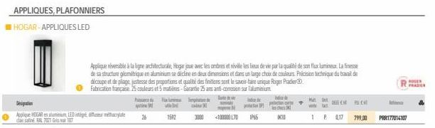 APPLIQUES, PLAFONNIERS  HOGAR-APPLIQUES LED  Desipation  Applique HOGAR e um LED intégé des méthacrylate da satiné RAL 702 Gis 107  W 26  3000  d  production  may  <100000 170 IP66  Applique réversibl