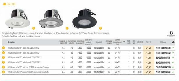 0  @  0  0  H2 LITE  55,237,2017  56" Mamat, 230, 2  56 acier bea 230 RT2012  255, mat RE2020, conable delant  Le 55oir mat REX reable dis  44  Encastrés de plafond LED à source unique dimmables, étan