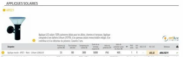 appliques solaires ap021  designation  applique le-a-nr-l4,5  3000  po impue w  35  date  m  applique led solaine 100% autonome idéale pour les allées, chemins et terrasses, applique composée d'une ba