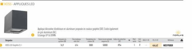 VOSS LED Gaphite CLI  Applique décorative detérieure en aluminium proposée en couleur graphite (GRI. Existe également  nglisaluminiumALL  Eclairage UP&DOWN  Pandu Pa  169  medi  50000  3000  IP54  ver